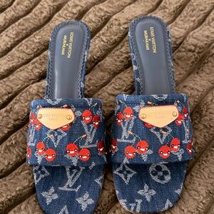 Louis Vuitton Blue Denim Slides with Red Accents